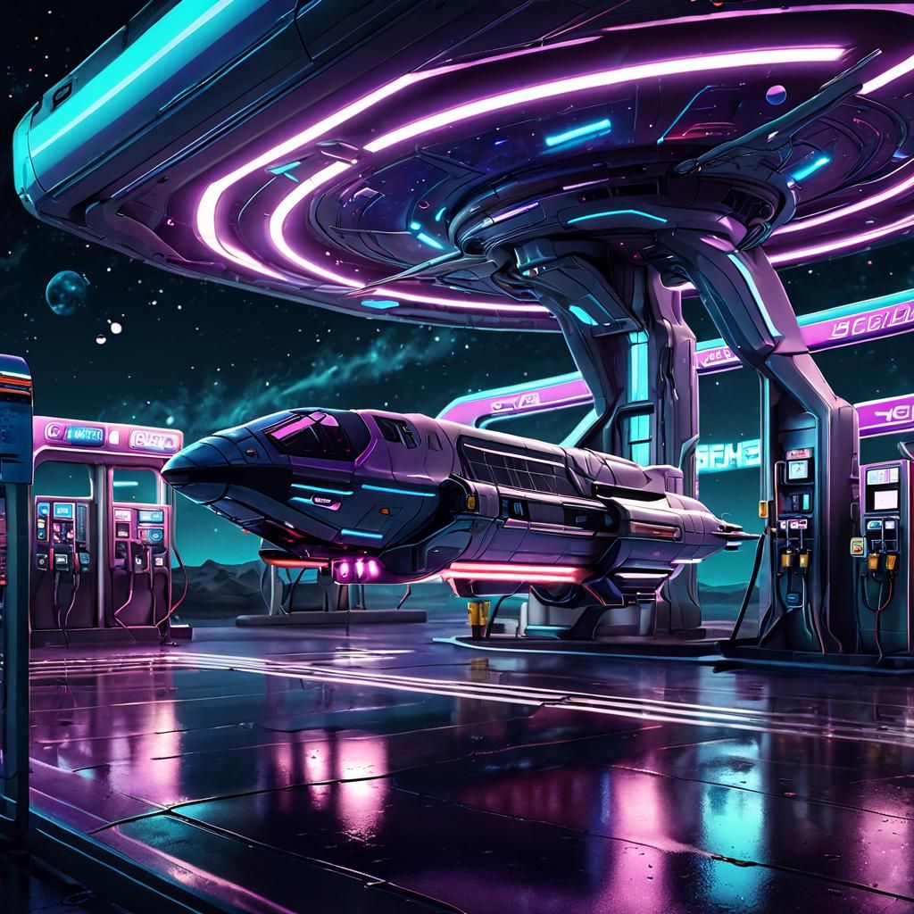 Sleek Spaceship Refuels at Futuristic Gas Station