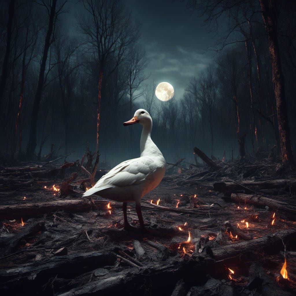 Duck in Burned Forest Under Moonlight