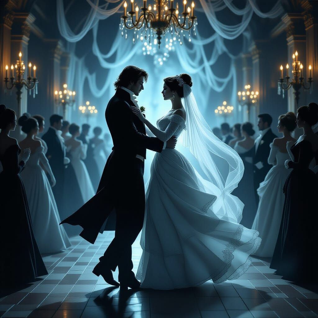 Ghostly Couple Waltzing in a Spooky Ballroom