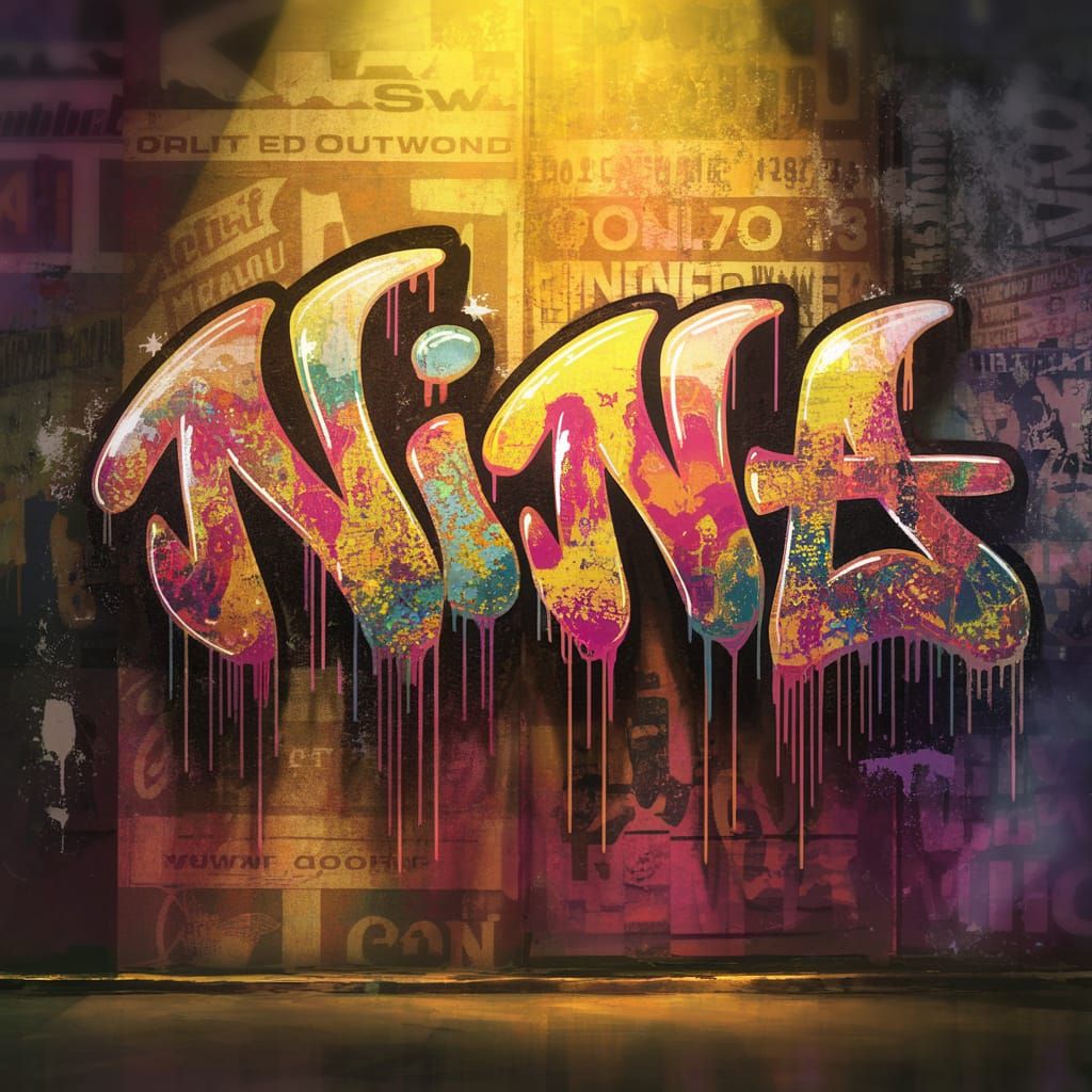 Vibrant Urban Graffiti Tag 'Nina' in High-Contrast Polychrom...