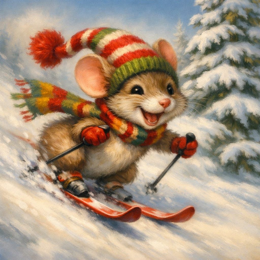 Funny Mouse Skiing in Snowy Pine Forest Airbrushed