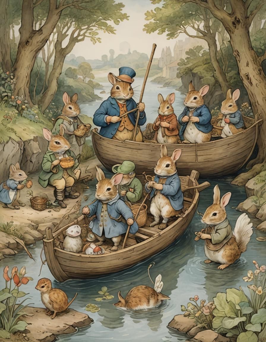 Animals Set Sail: a Beatrix Potter-esque Scene
