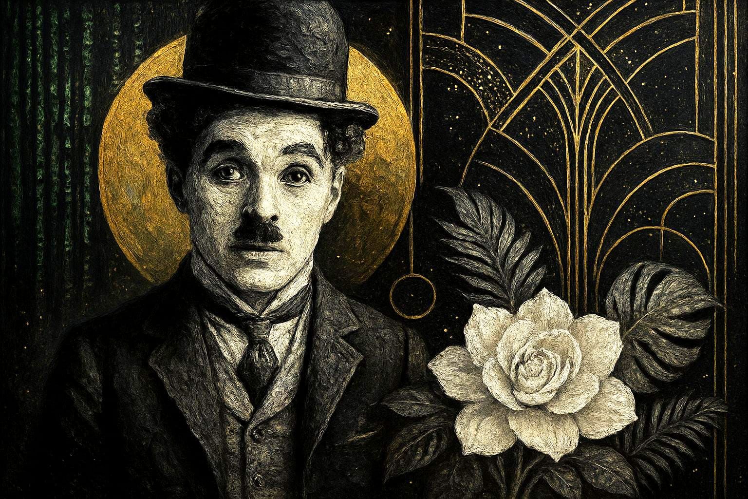 Charlie Chaplin in Art Deco Style with Floral Elements