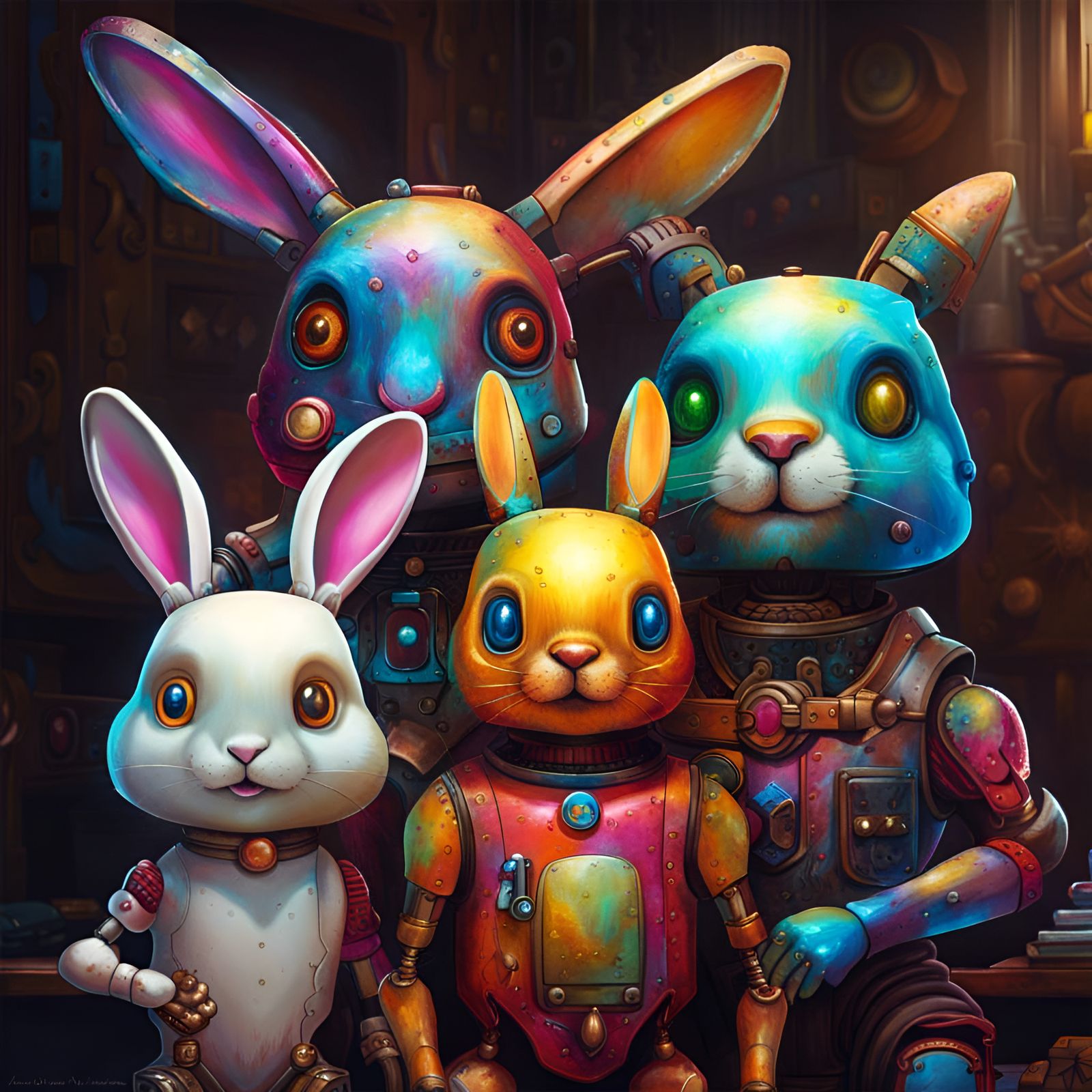 Hyperrealistic Robot Rabbit Family Portrait in Colorful Art