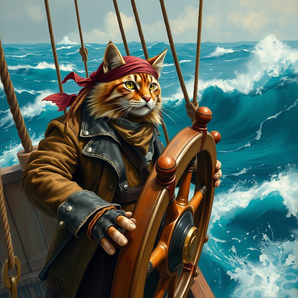 Pirate Feline Navigates Turbulent Seas in Whimsical Romantic...