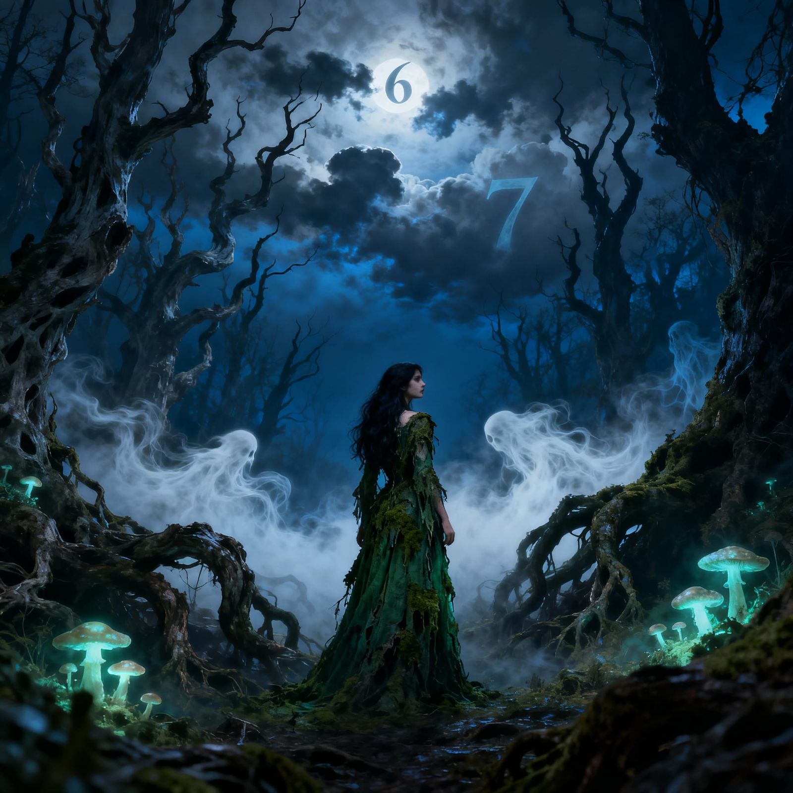 Dark Fantasy Forest Woman in Eerie Moonlight