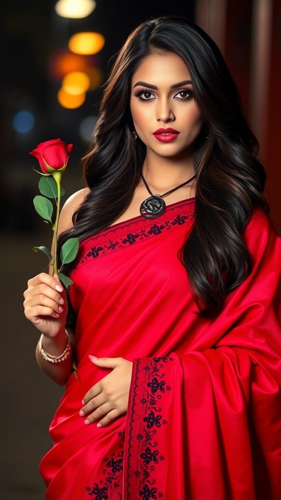 Elegant Woman in Red Saree with Dragon Pendant