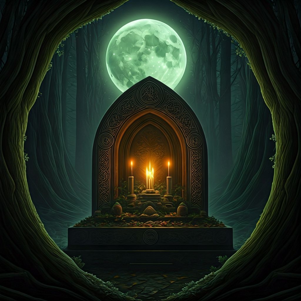 Mystical Celtic Shrine Under Green Moon