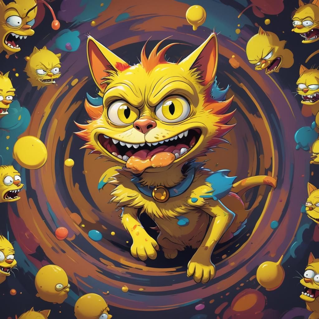 Cartoon illustration in the style of The Simpsons featuring a cat with exaggerated features, vibrant colors, and two-dim...