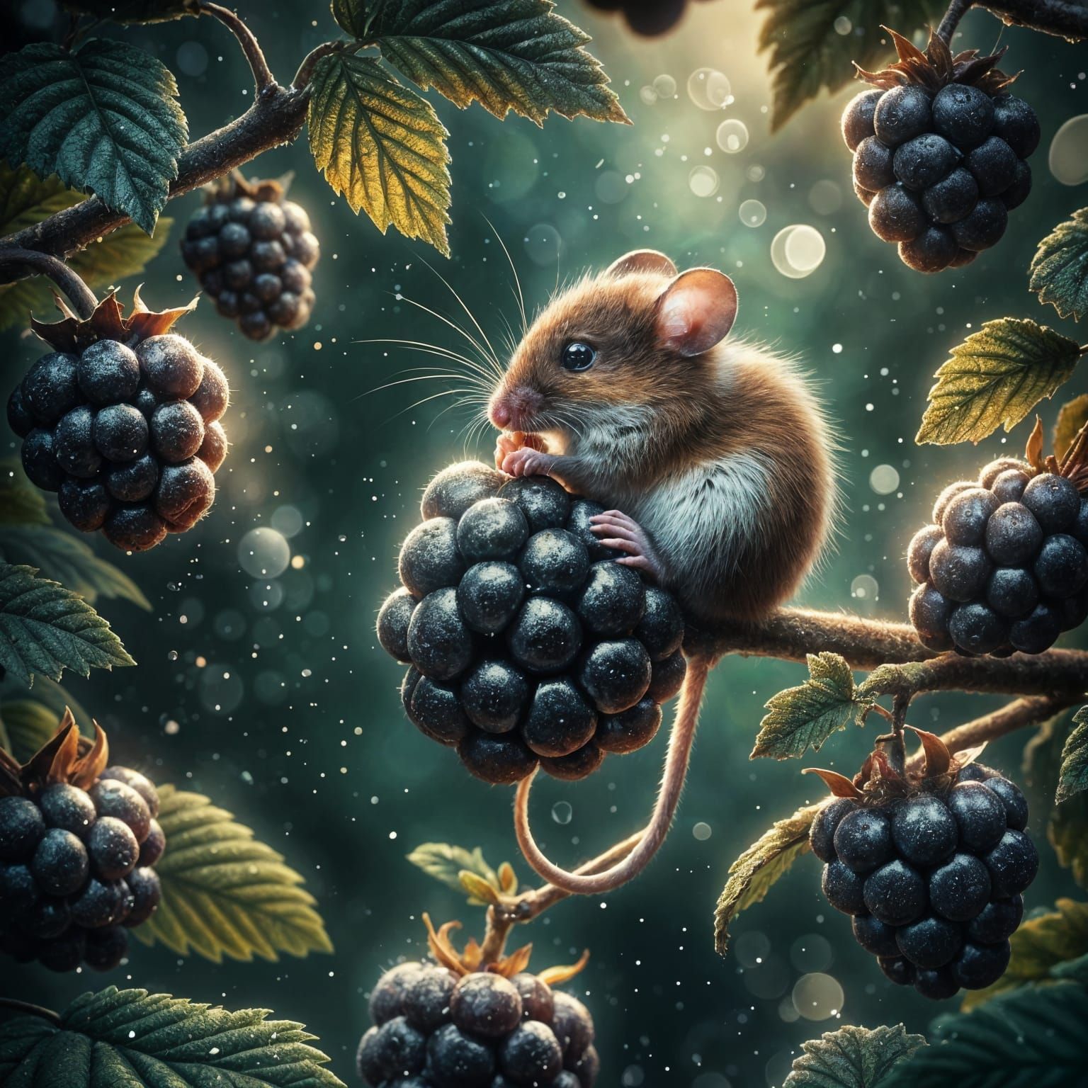 Mouse Nibbling Blackberries in Misty Fantasy Tree