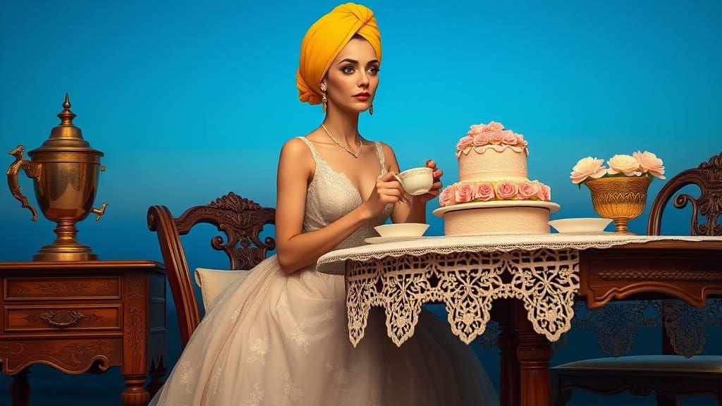 Elegant Woman in Yellow Turban Surrounded by Opulence