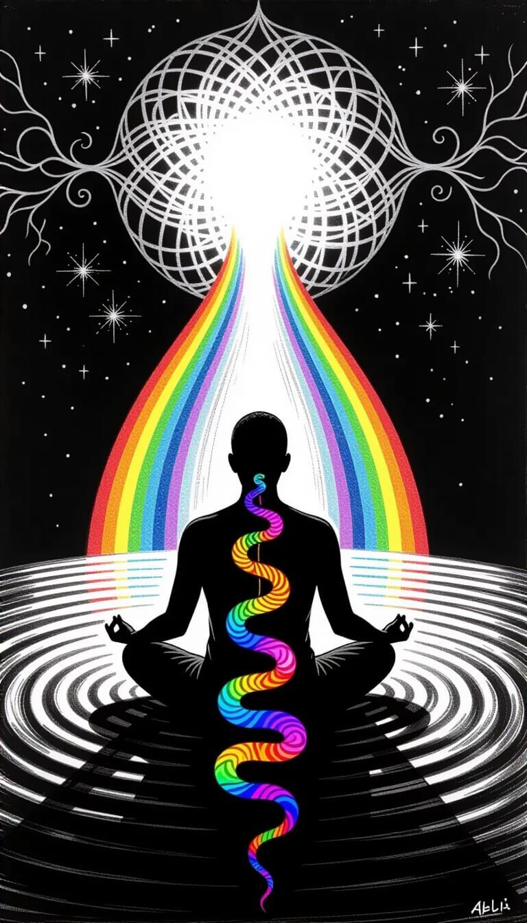 Meditative Figure with Cosmic Rainbow and Serpent in Charcoa...