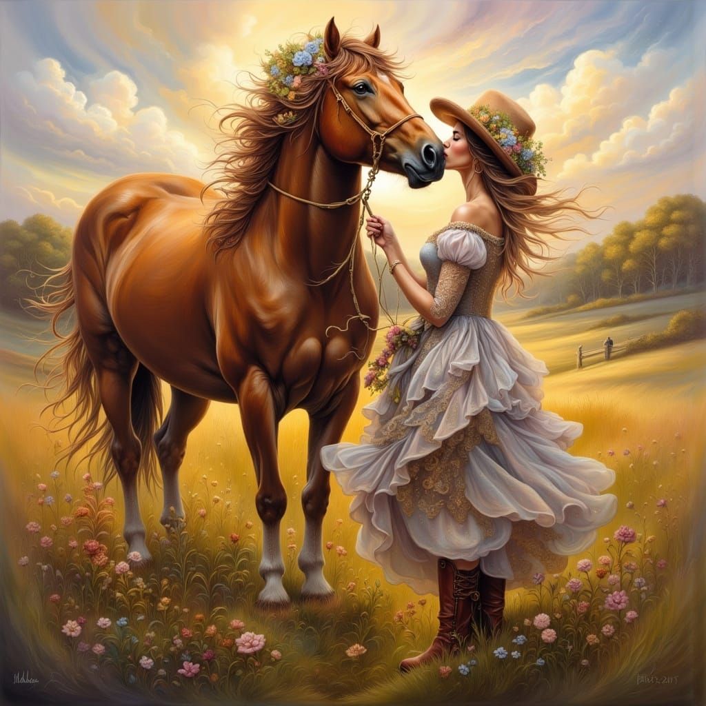 Woman Kisses Horse in Impressionistic Rural Landscape