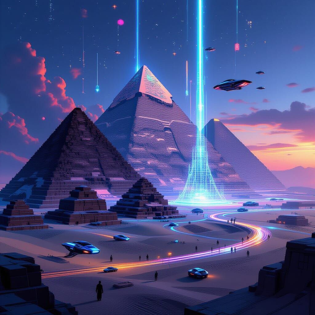 Futuristic Pyramids with Advanced Technology and Neon Glow