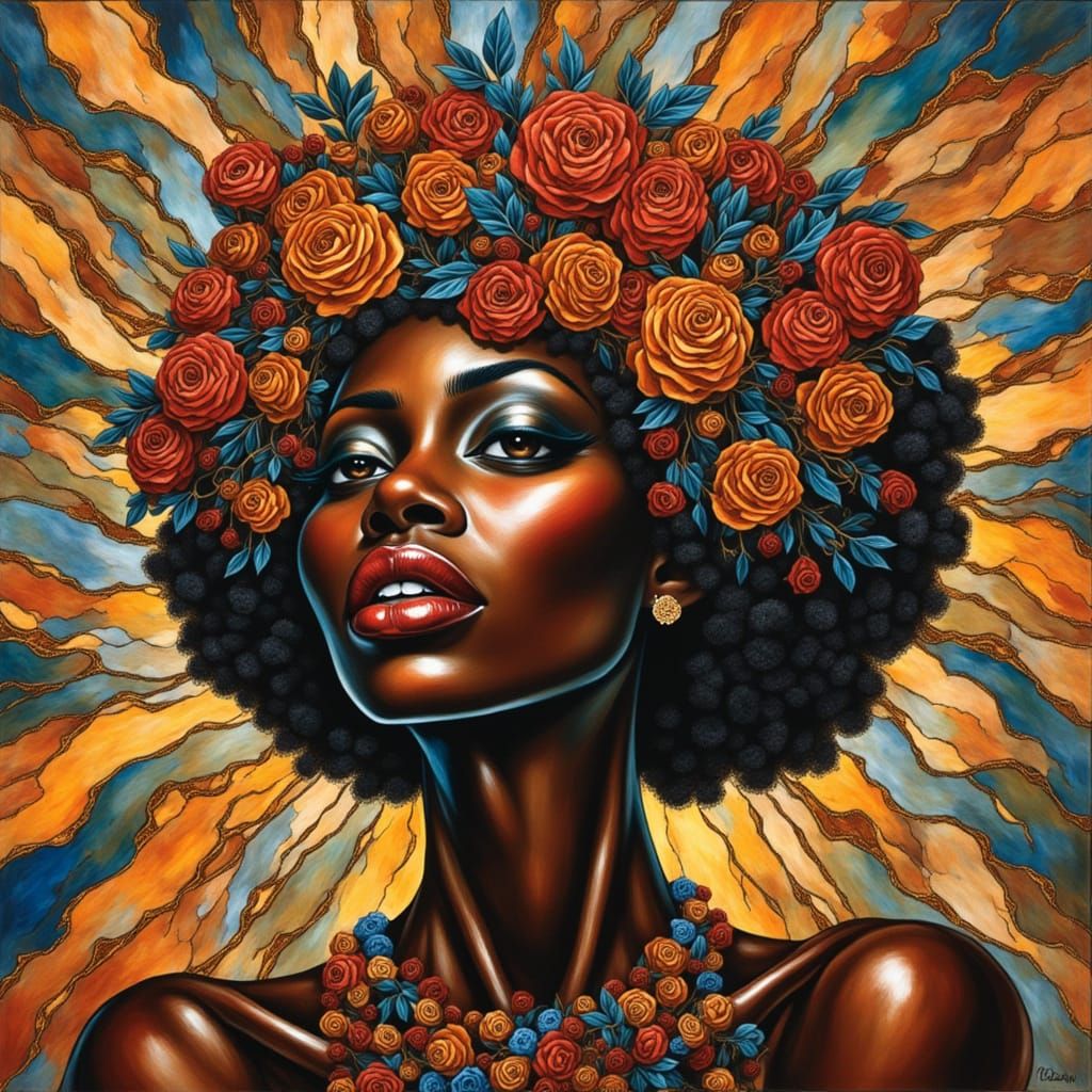 Beautiful Black Woman in Impasto and Art Deco Style