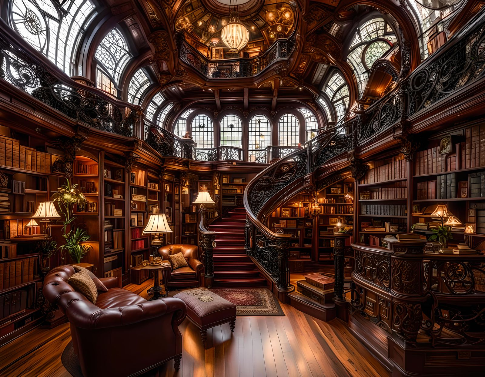 Intricate Victorian Steampunk Library with Natural Light