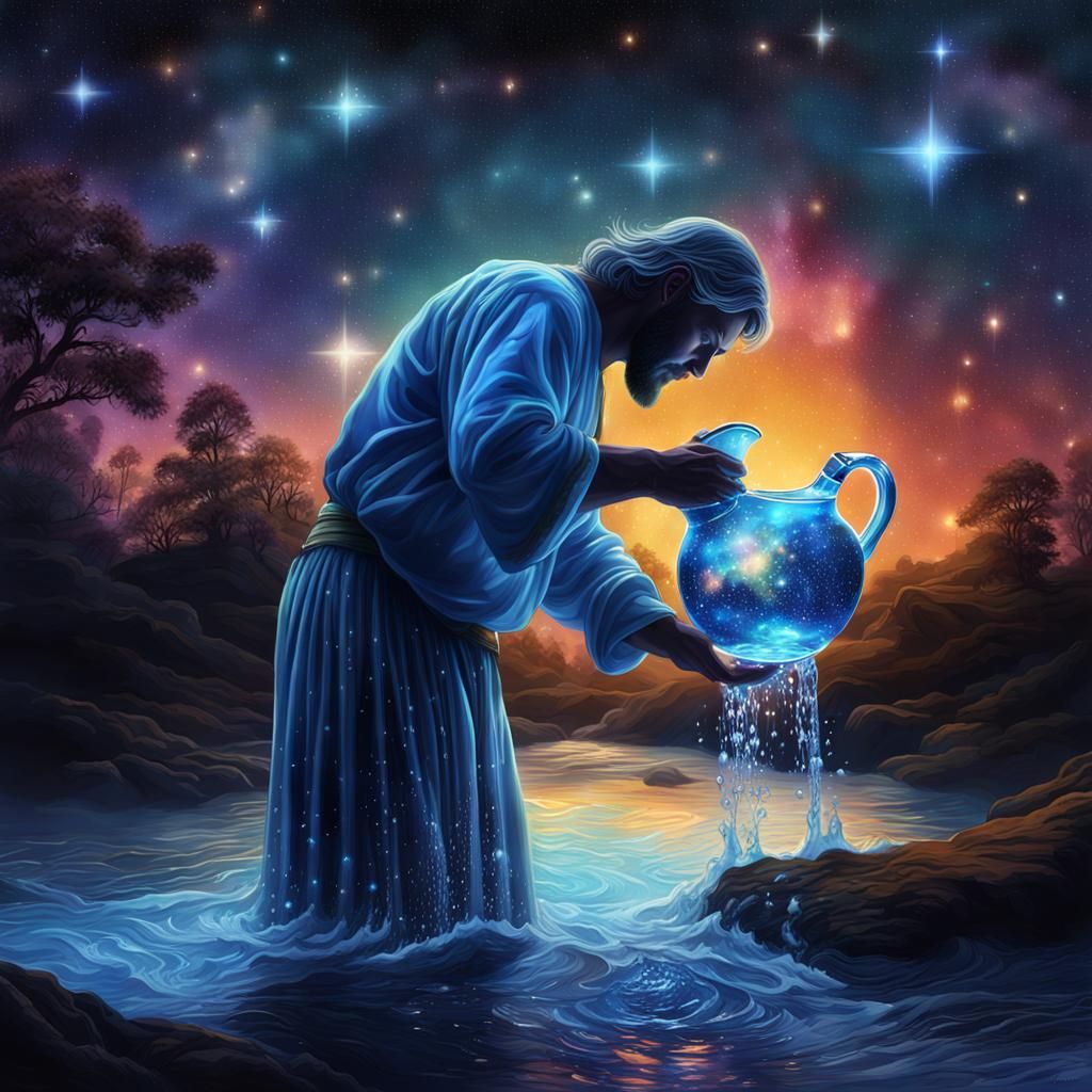 Aquarius man water bearer constellation night skies glimmering galaxies man with the water pitcher pouring a pure elixir...