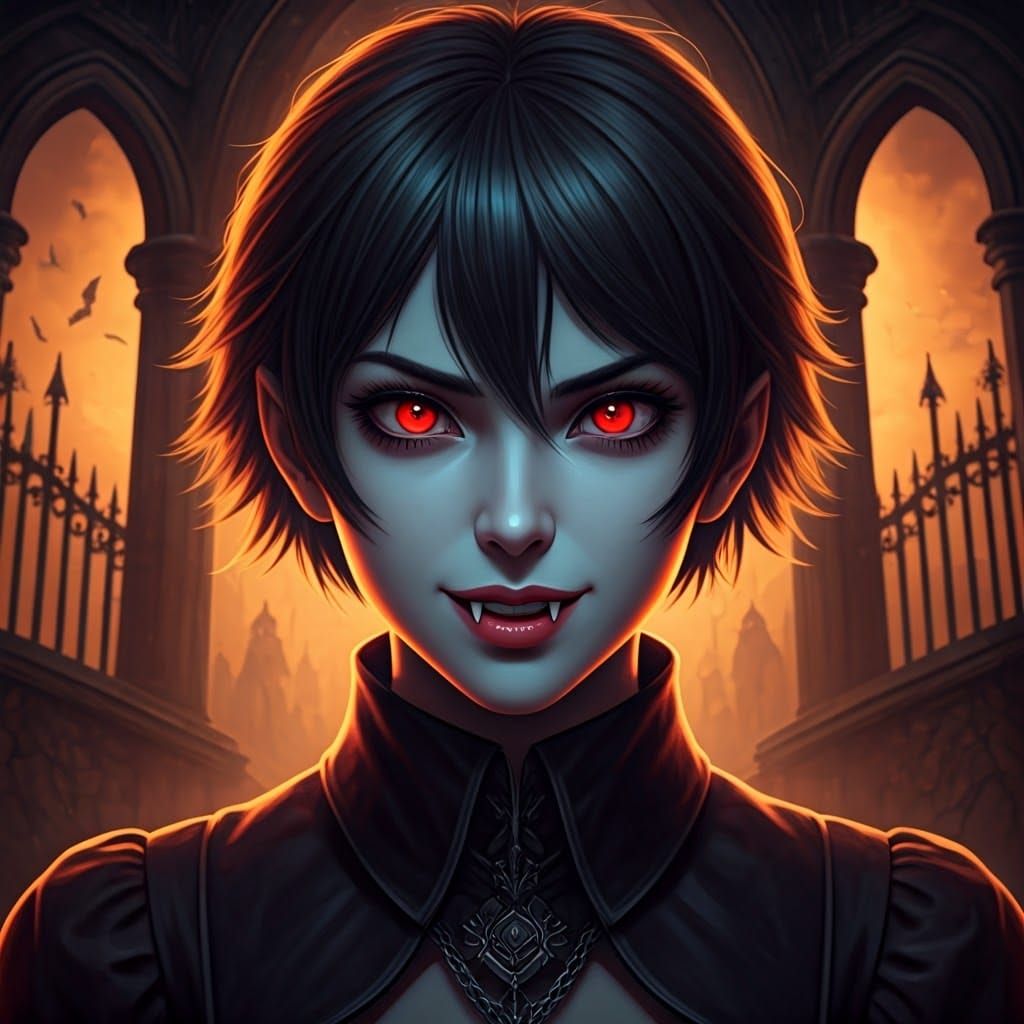 Anime Vampire Woman in Dark Fantasy Castle