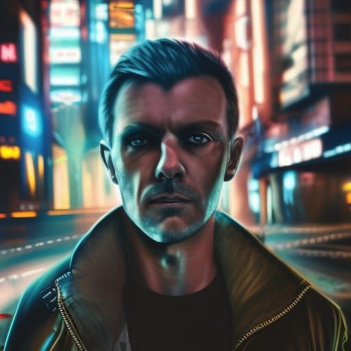 Cyberpunk Portrait of a Man in Neon Cityscape
