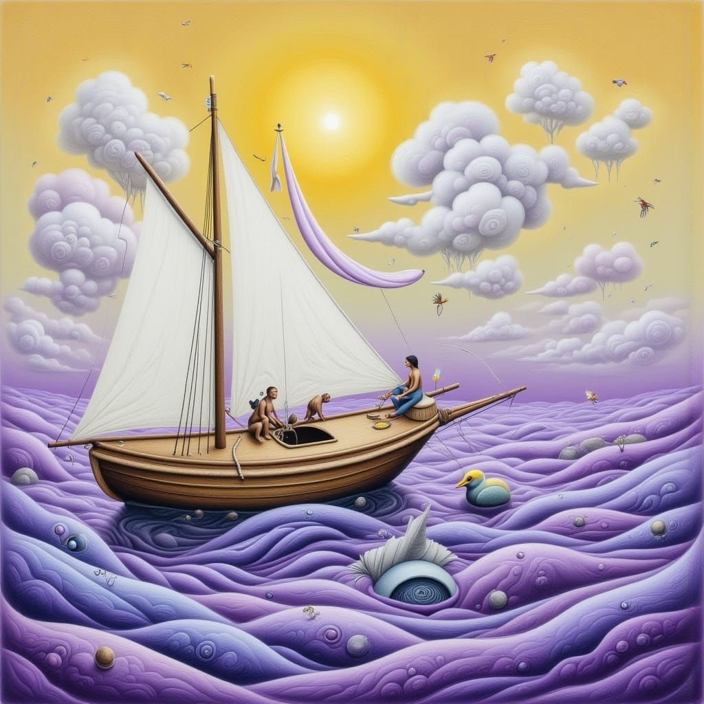 Whimsical Monet-Inspired Scene with Sailboat on Purple Ocean