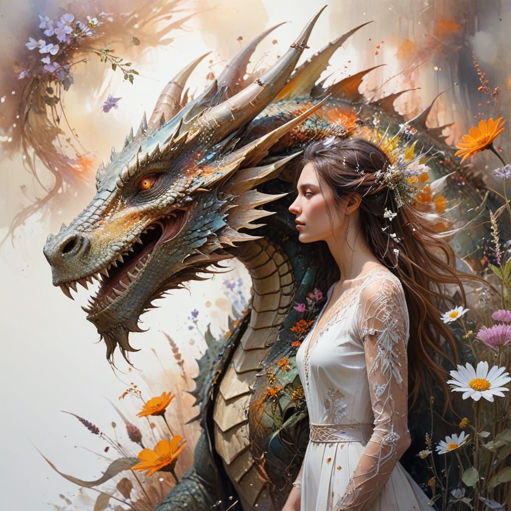 Dragon and Woman Soaring in Watercolor Landscape