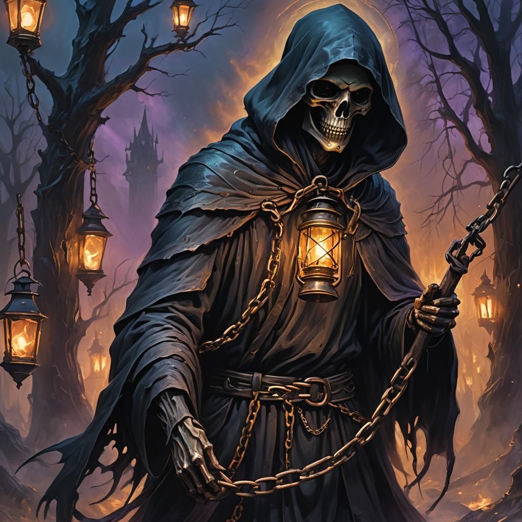 Grim Reaper with Souls in Dark Fantasy Oil Painting