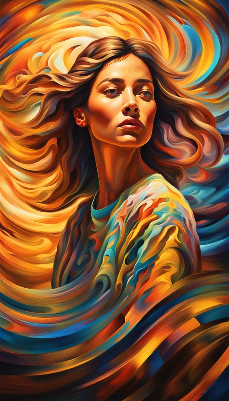 Surreal Woman Surrounded by Swirling Light in Oil Painting