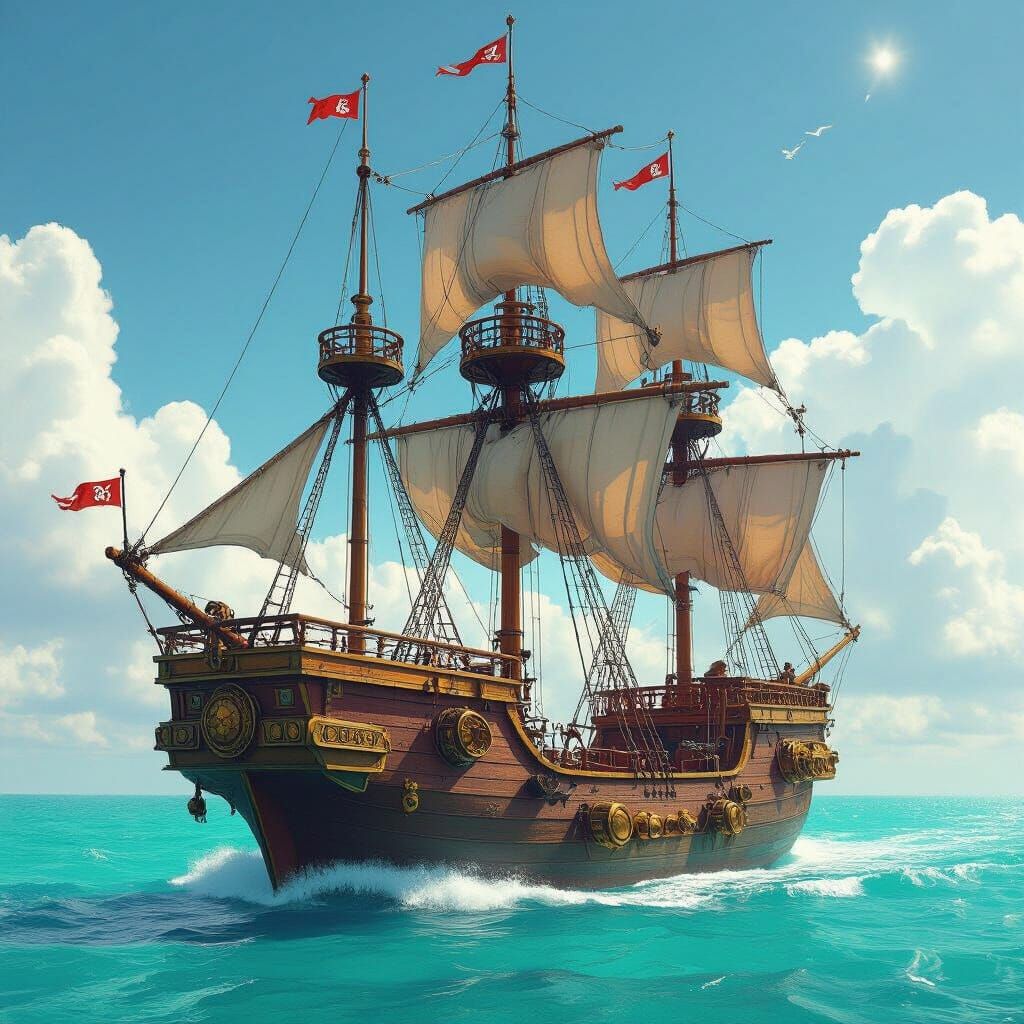 Steampunk Pirate Ship on Turquoise Ocean