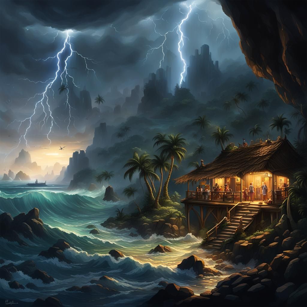 Coastal Settlement in Sea Cave During Lightning Storm