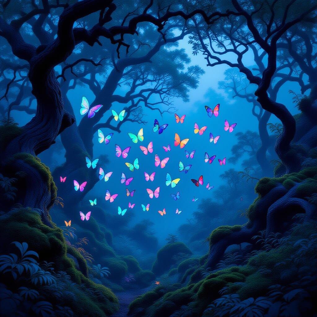 Bioluminescent Butterflies in an Ancient Forest
