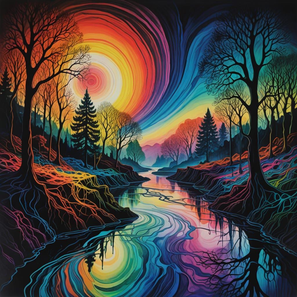 Kids Crayon drawings ,surreal child's drawing of the river s...