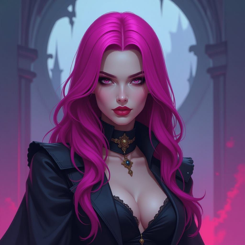 Sinister Woman with Pink Hair in Mystical Style