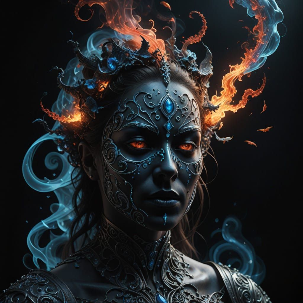 Ethereal Surrealism: Ghostly Mask and Celestial Smoke