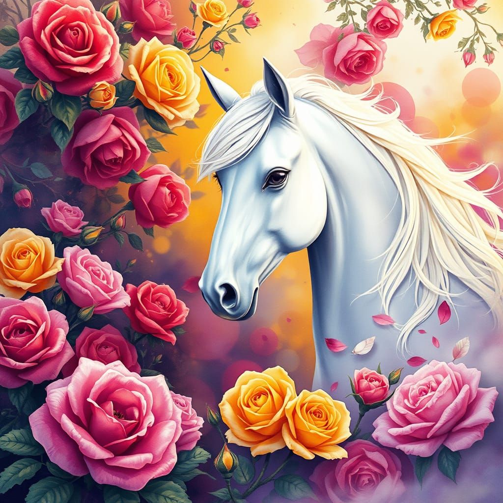 Archaic fantasy garden in beautiful red, yellow dark pink ro...