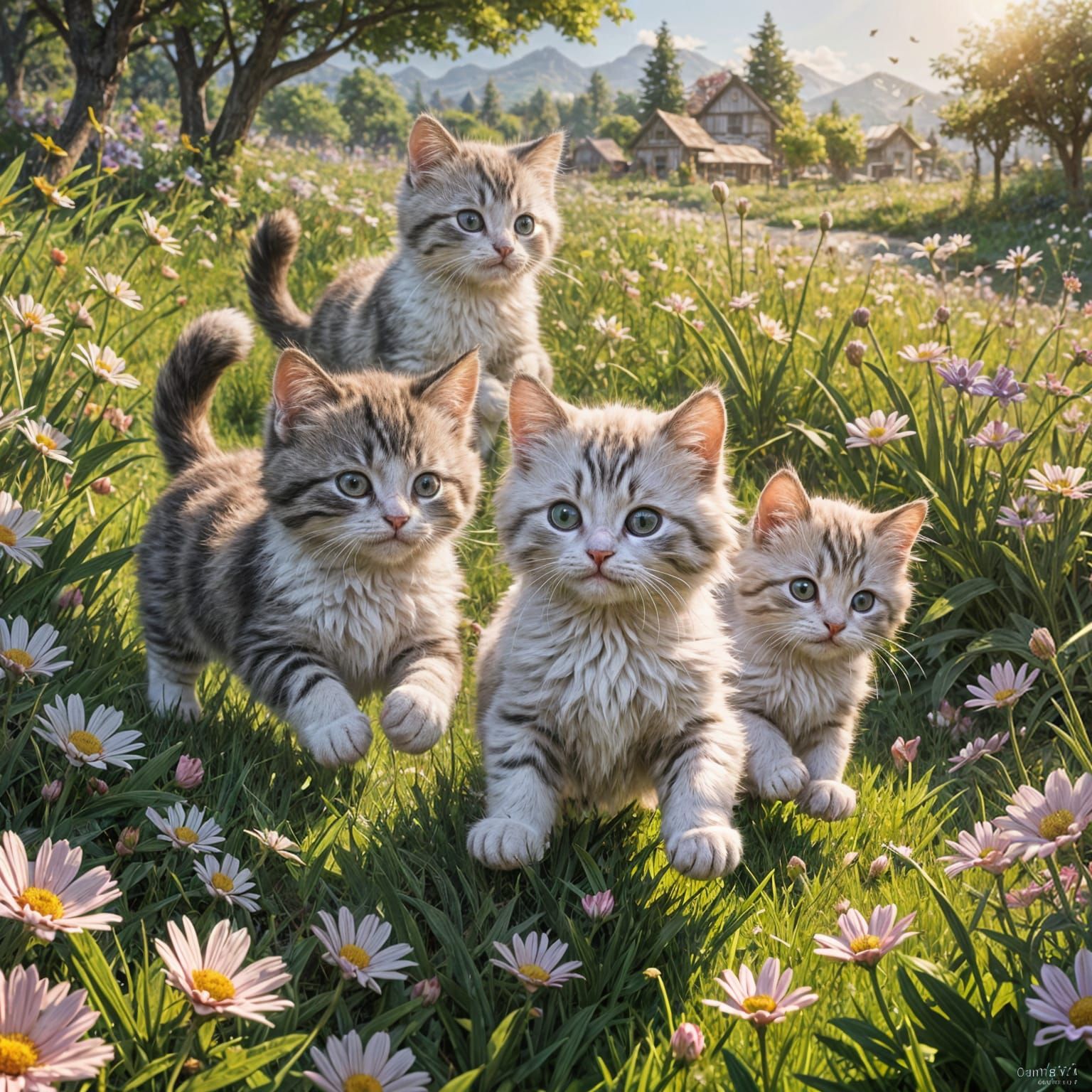 Kittens Play in Flower Field: 3D Anime Art