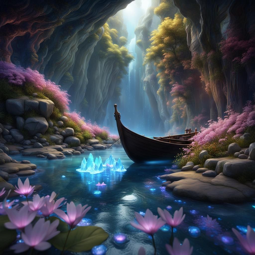 Iridescent River Flowing Through Crystal Cave