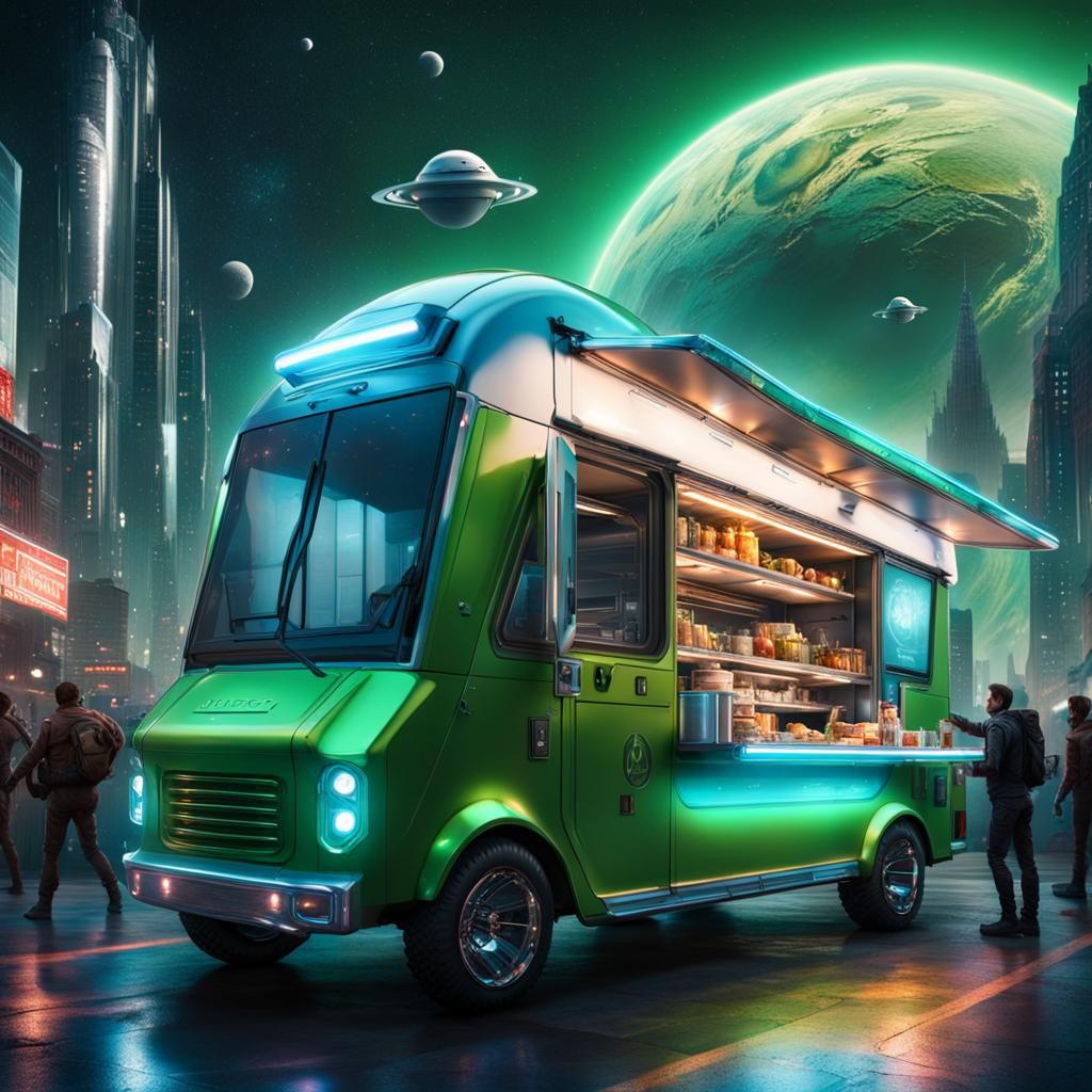 a futuristic food truck turned into a sleek and stylish space vehicle.