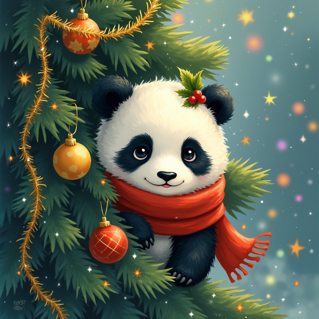 Panda Cub Peeking Through Christmas Tree Branches