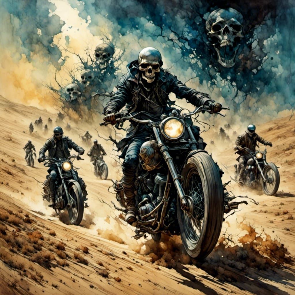 Skeleton Biker Gang Rides Through Desert: Comic Book Art