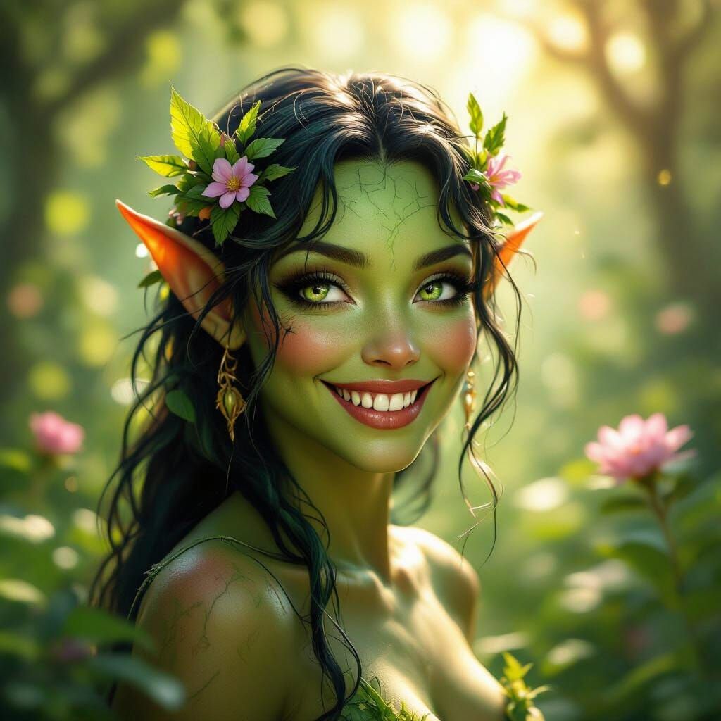 Photorealistic Nymph with Green Skin in Sunlit Forest