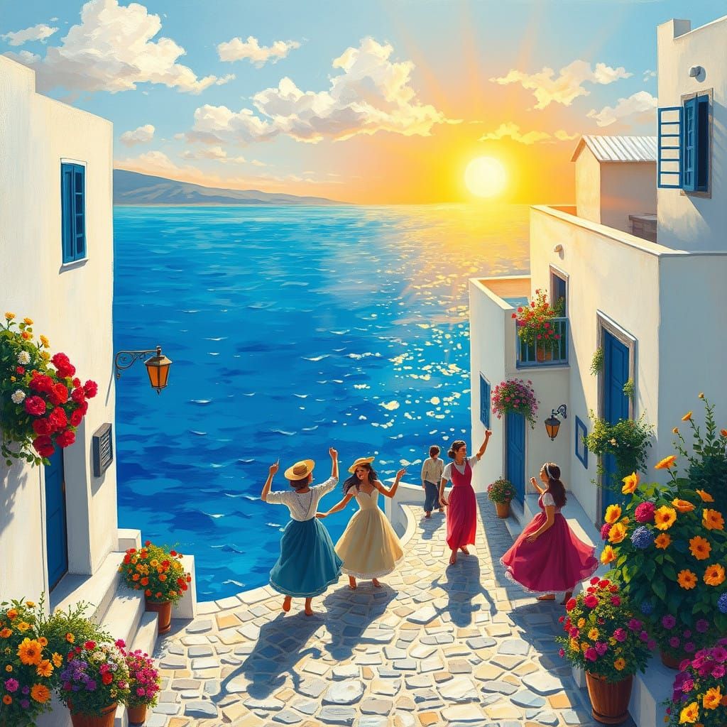 Greek Seaside Village in Vibrant Impressionist Style