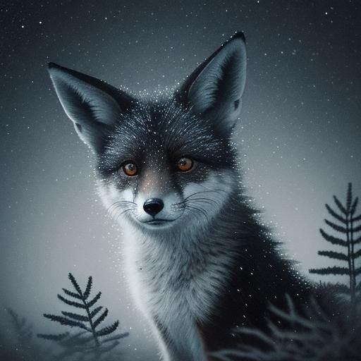 Fox Kit Gazing at Starry Sky, Charcoal Drawing