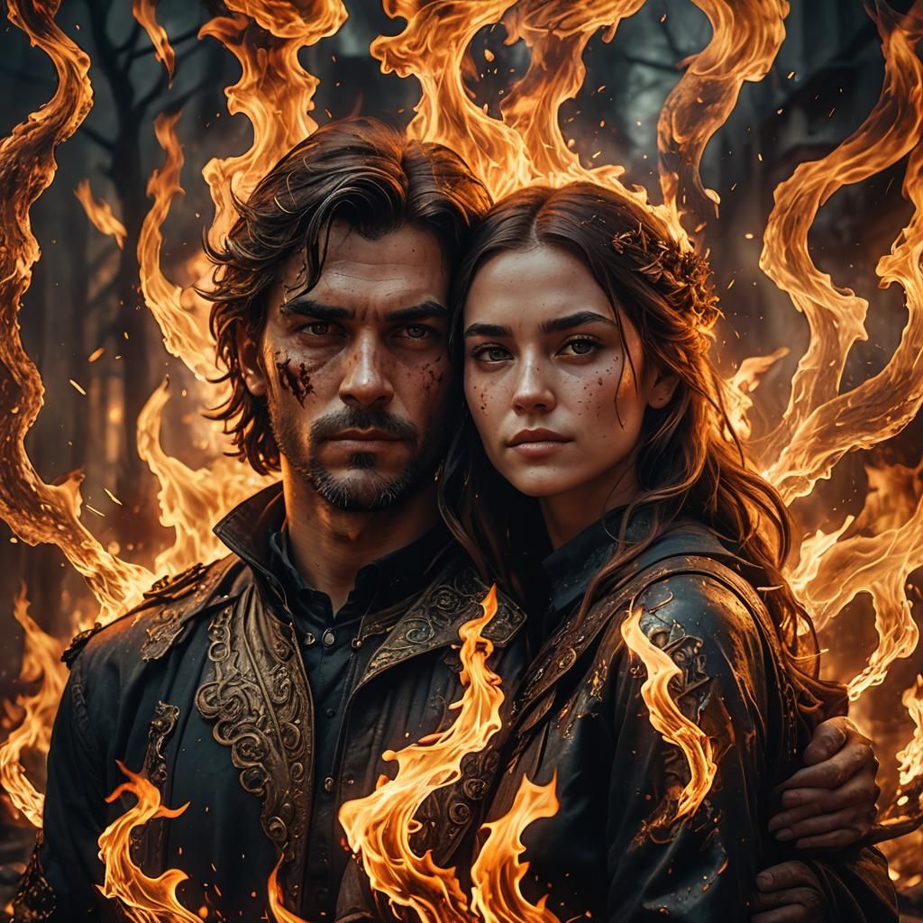 Dramatic Couple Portrait Illuminated by Flames
