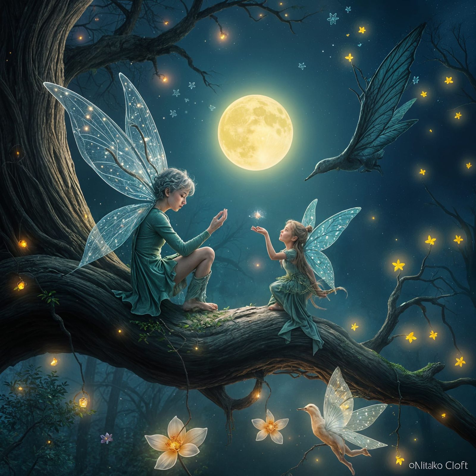 Romantic Fairy Proposal Under Moonlight, Fantasy Scene