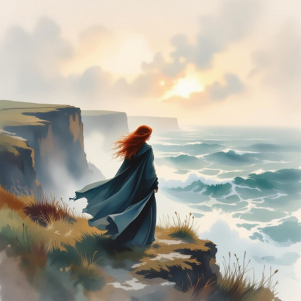 Red-Haired Woman on Cliff Overlooking Stormy Sea in Watercol...