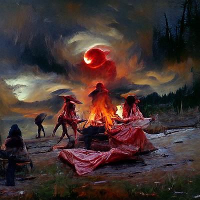 Eerie Campfire Dance Under Blood-Red Moon
