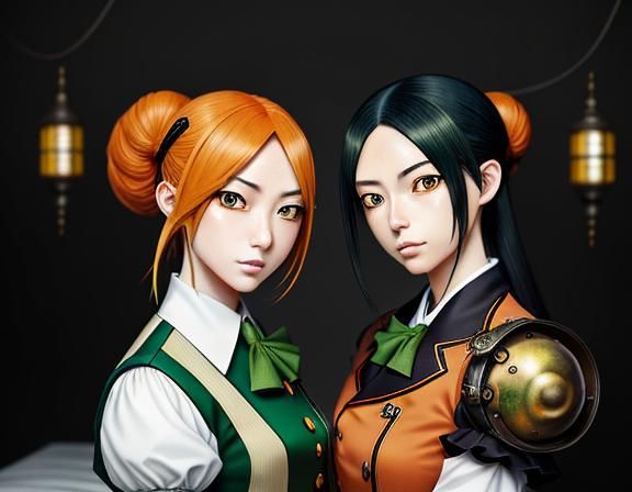 Kemono Twin Sisters Kissing in Steampunk Manga Style