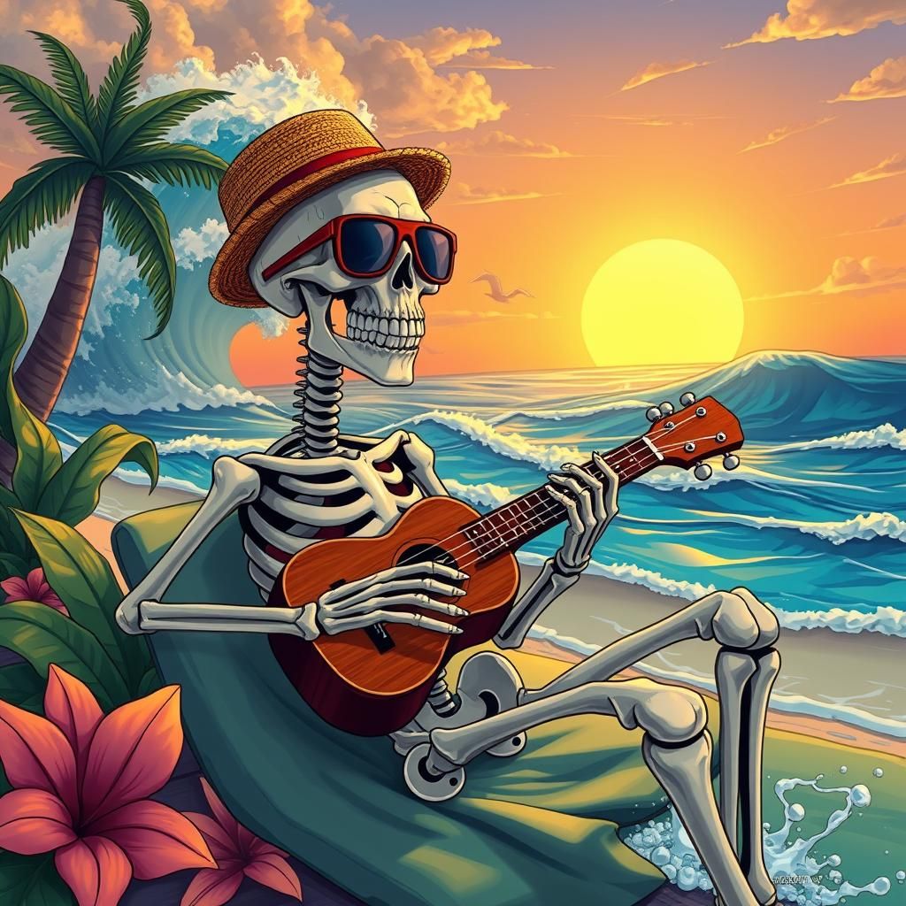 Surreal Skeleton Plays Ukulele on Tropical Beach