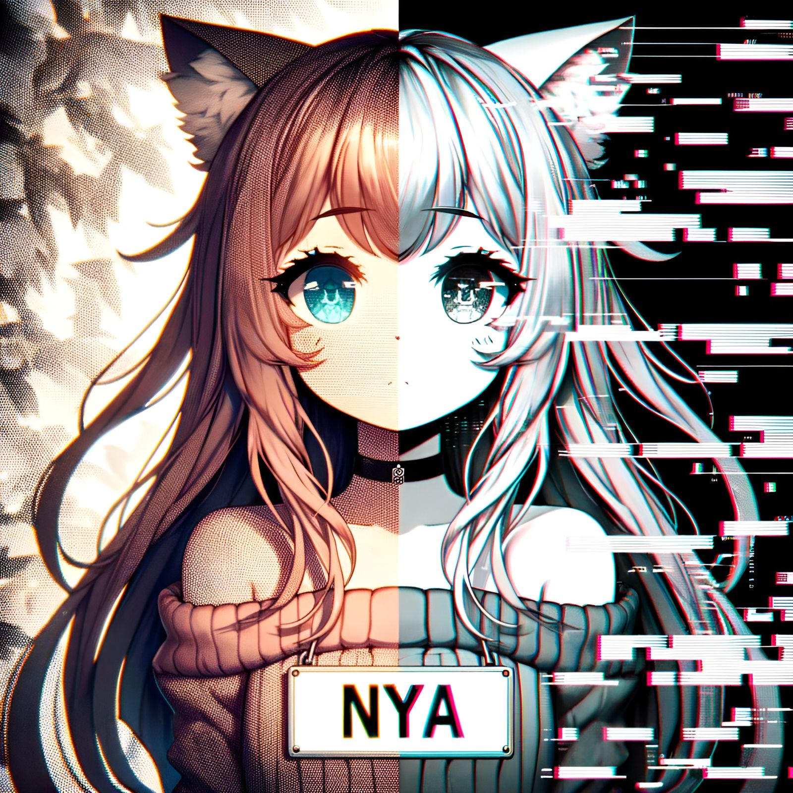 Anime Girl with Cat Ears in Glitchcore Style