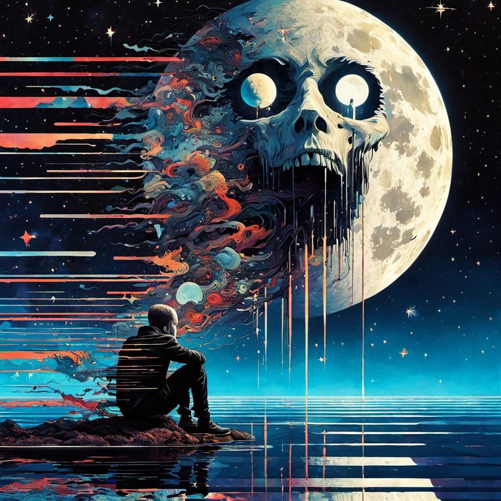 Macabre Moon Devouring Soul in Surreal Silhouette Art